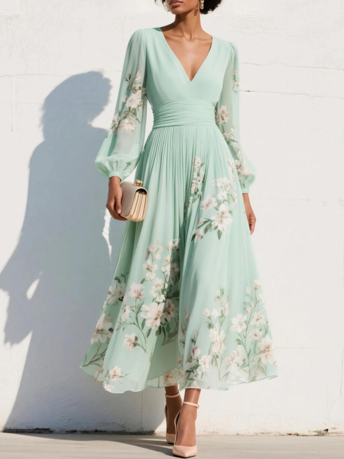 Ruby | Lichtgroene midi-jurk met V-hals en bloemenprint