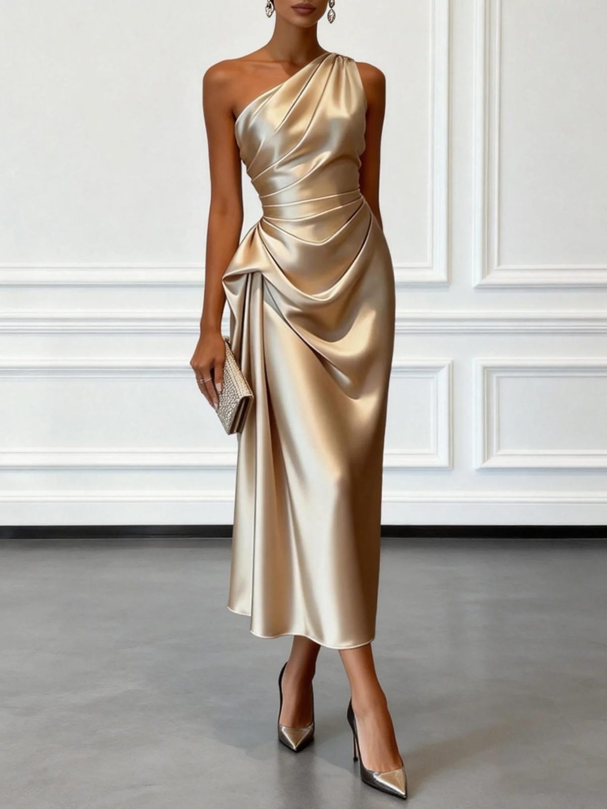 Christine | Mouwloze midi-jurk in champagnekleur met één schouder en ruches