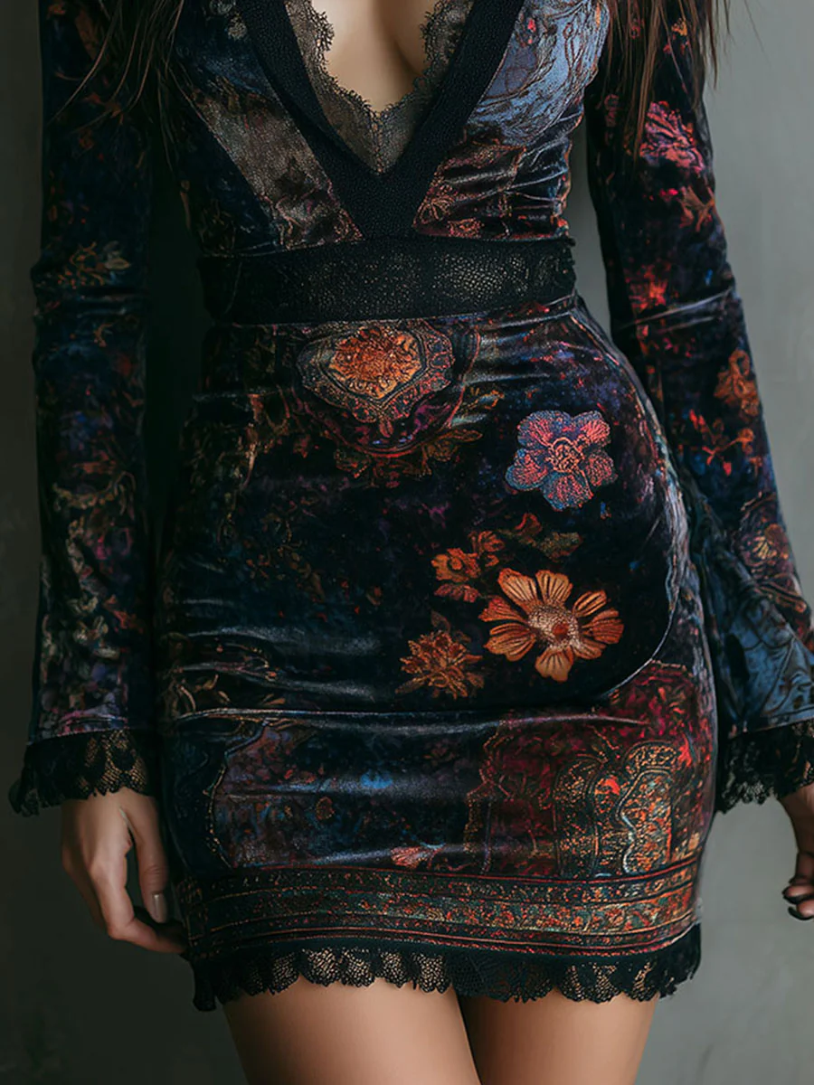 Bloemenprint | hals Fluwelen Kant Trim Slim-fit mini-jurk