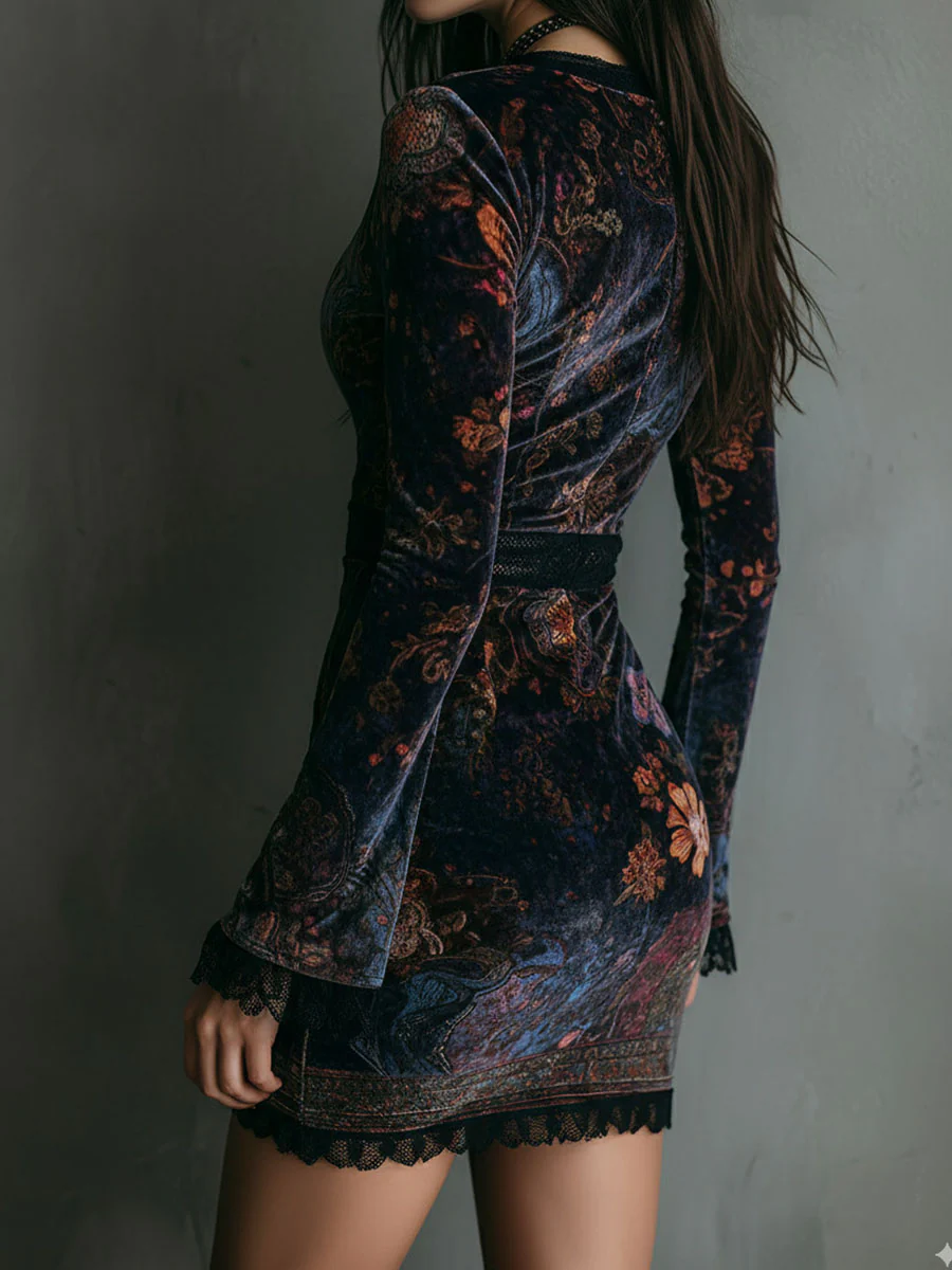 Bloemenprint | hals Fluwelen Kant Trim Slim-fit mini-jurk