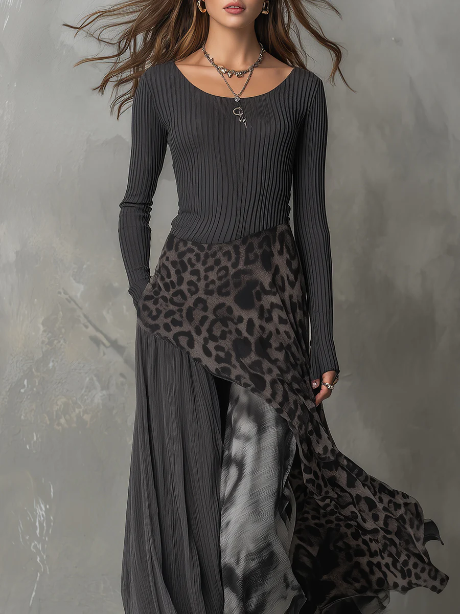 Grijze | Pit Stripe Luipaardprint Splicing Ongelijke Zoom Maxi Jurk