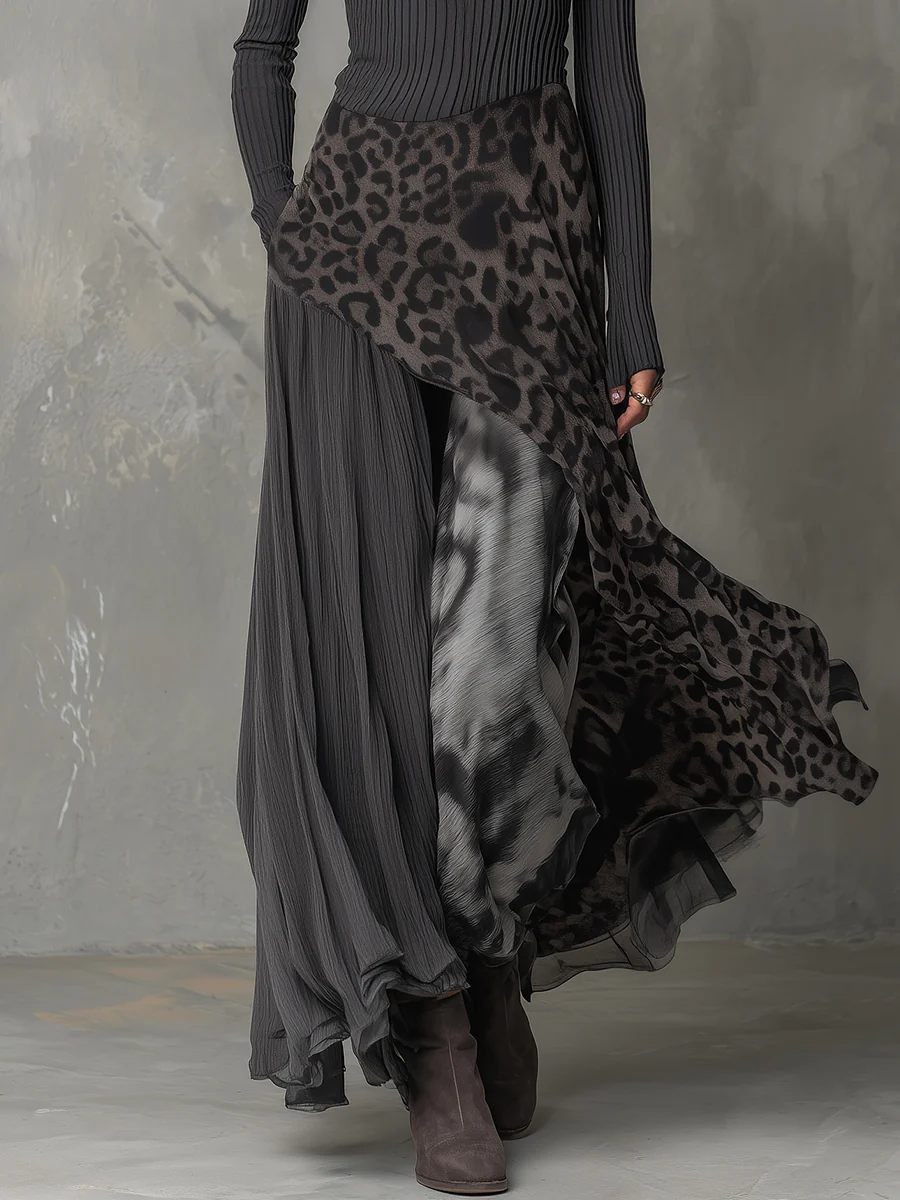 Grijze | Pit Stripe Luipaardprint Splicing Ongelijke Zoom Maxi Jurk