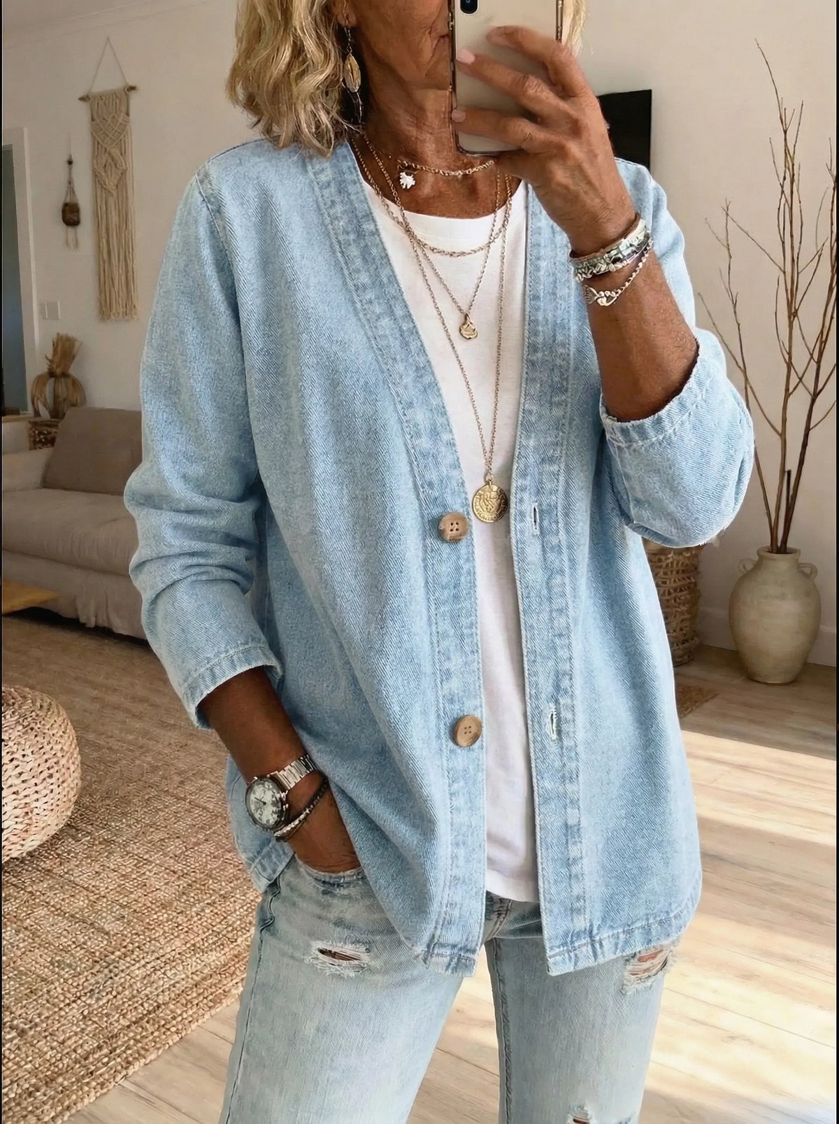 Oryxa - Dames Denim Jas Met Ruime Pasvorm en Knopen Casual Stijl