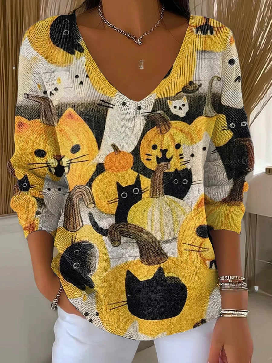 Lente | V-hals Trui met Speels Dierenpatroon