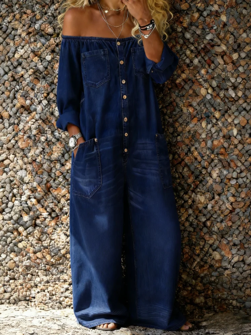 Sasha | Denim Jumpsuit met Off-Shoulder Halslijn