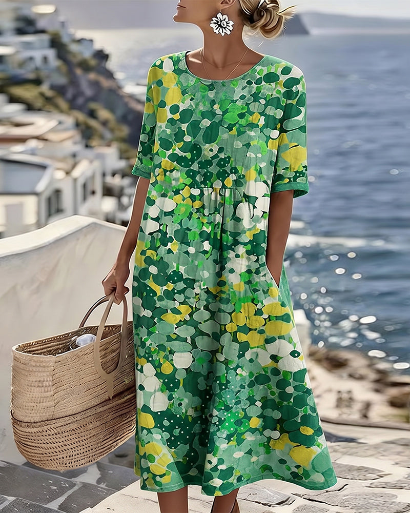 Averixa - Vrouwen midi-jurk met abstracte bloemenprint van katoen en linnen voor de zomer
