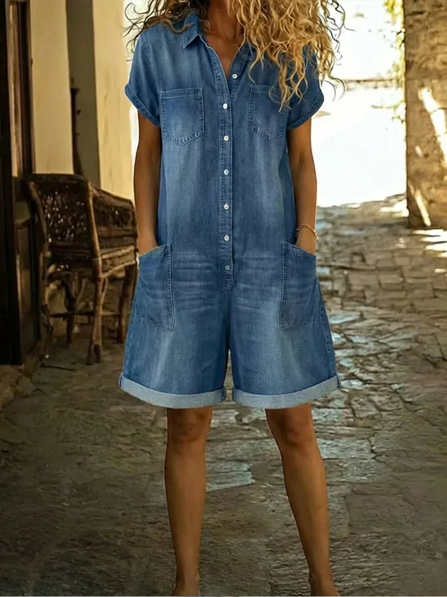 Barbara | Denim Playsuit met Kraag en Korte Mouwen