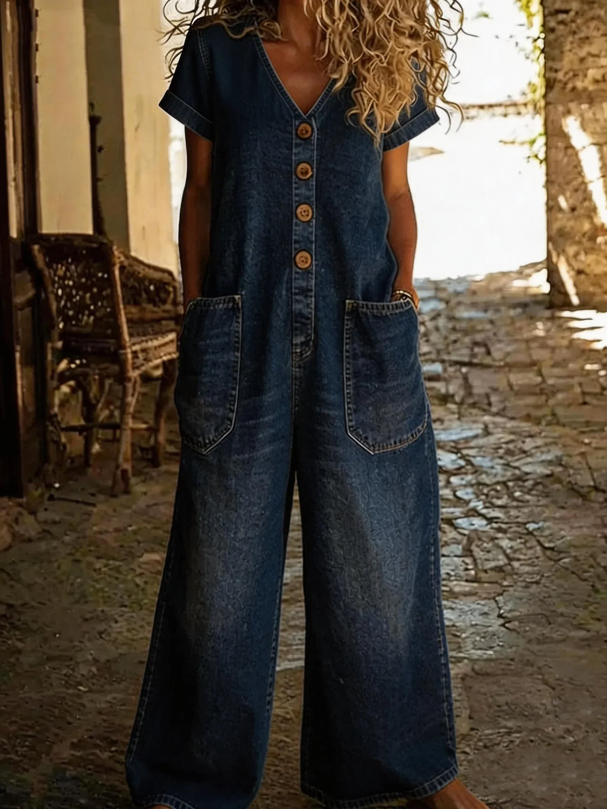 Lisolette | Denim Jumpsuit met V-hals en Korte Mouwen