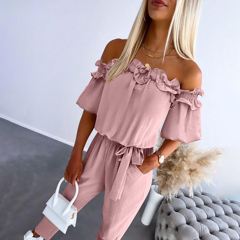 Shainalyn | Chique off-shoulder jumpsuit met ruches en strik in de taille