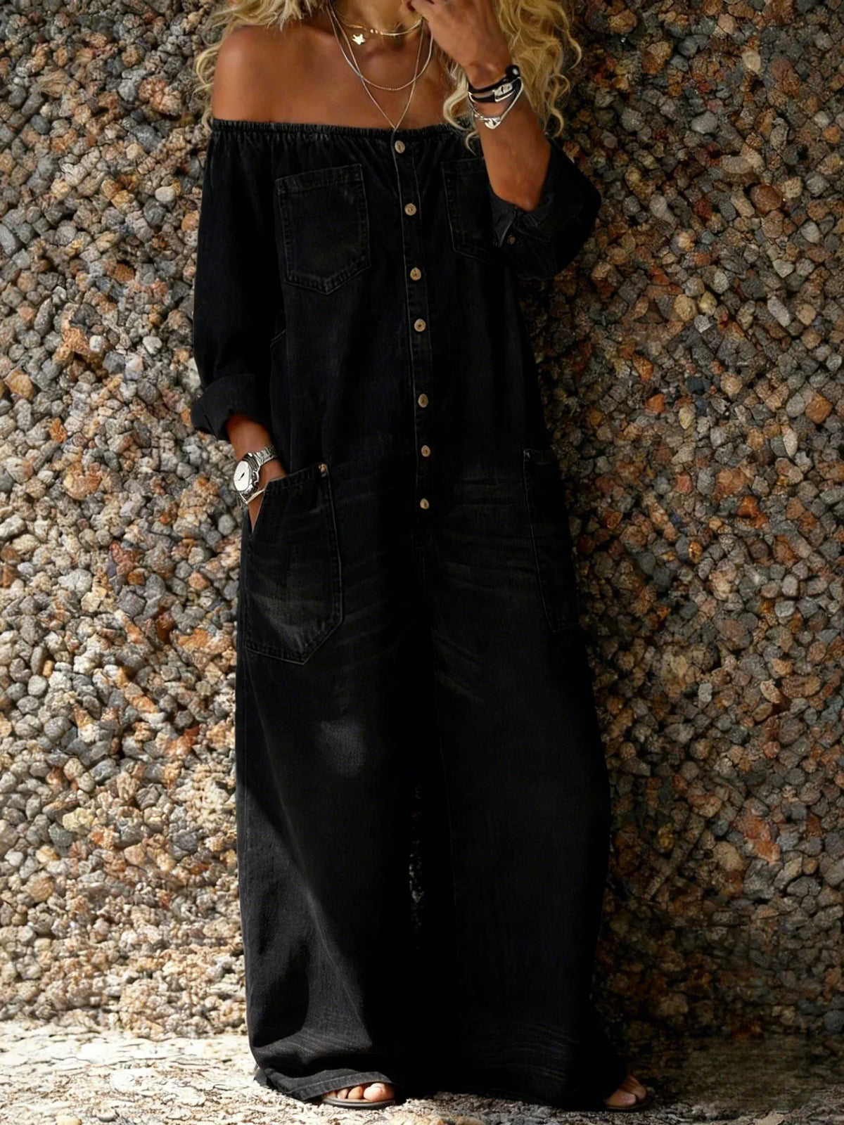 Sasha | Denim Jumpsuit met Off-Shoulder Halslijn