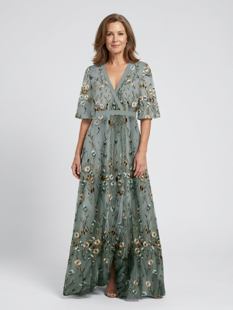 Moirah | Bloemenprint maxi-jurk met V-hals en korte mouwen