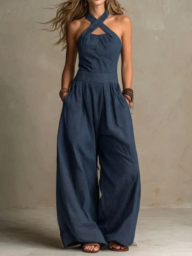 Fiorenzae - Vrouwelijke jumpsuit met vloeiende stof, kruislijf en elegante wijde benen